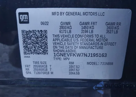 2022 Chevrolet Traverse Awd Ls из США, поврежденный, VIN 1GNEVFKW7NJ195163